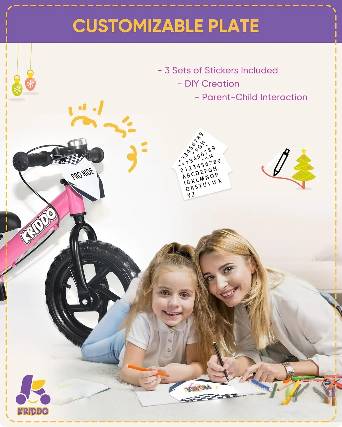 Pro peuterloopfiets 2+ jaar oud met handrem en standaard, 12 inch duwfiets, cadeaufiets voor 2-5 jongensmeisjes, roze