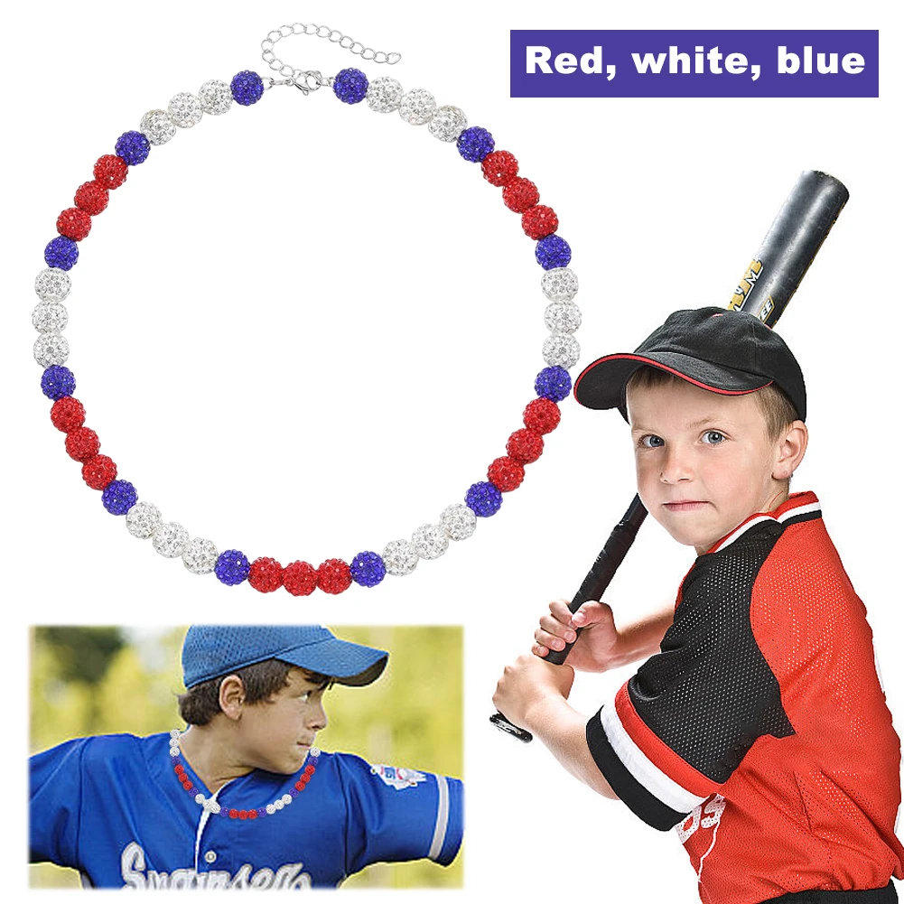 18inch Glitter Rhinestone Clay Beaded Necklace Baseballer Inspired Beaded Necklace Rhinestone Discoball Necklaces for Men Women