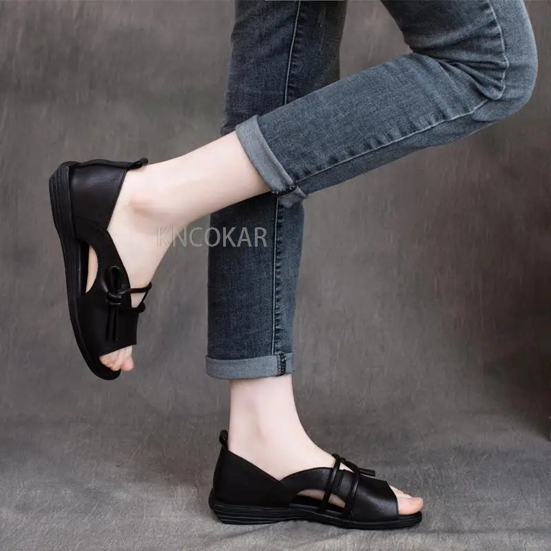2025 Summer New Retro Cowhide Pullover Flat Bottom Open Toe Sandals Roman Shoes Women's Shoes Slope Heel Sandals