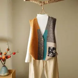 Autunno donna maglioni Vintage con pannelli gilet cardigan con bottoni moda lavorata a maglia senza maniche con scollo a v cappotti maglione Casual allentati 2022