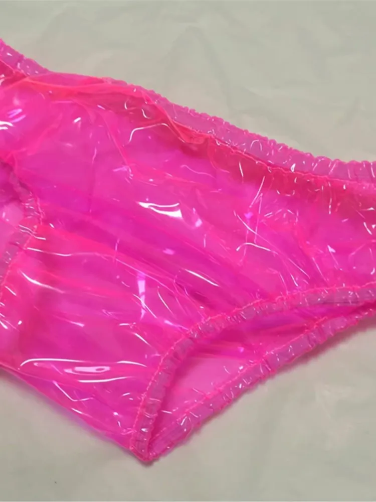 

Sexy Men's Pink Transparent Underpants PVC Plastic Panty, Women's Soft Silent Leak Proof Briefs ABDL Thong Waterproof Panties