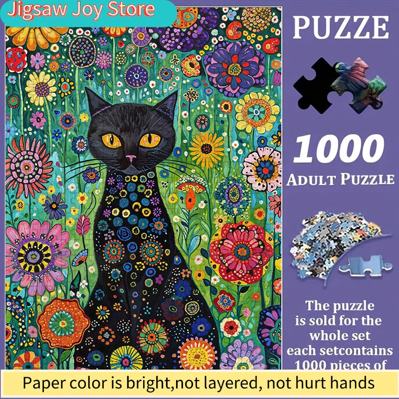

Красочный пазл с черной кошкой в саду, для семейного досуга и веселого времяпровождения, яркий абстрактный дизайн, сложный пазл с цветочным узором