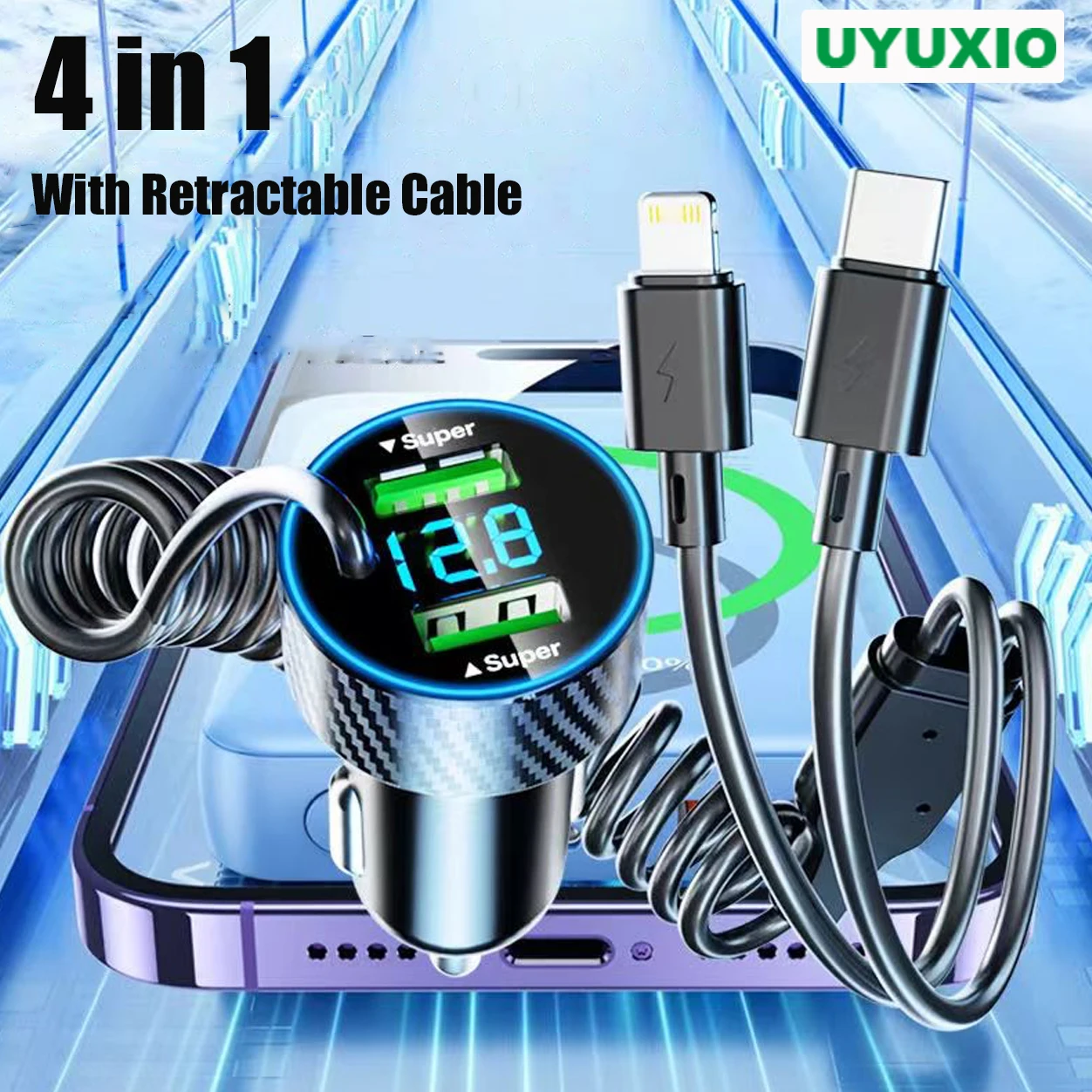

Dual Port USB Car Phone Charger 4 in 1 with Retractable Cable LED Voltage Monitor Super Fast Charge for iPhone Samsung OPPO