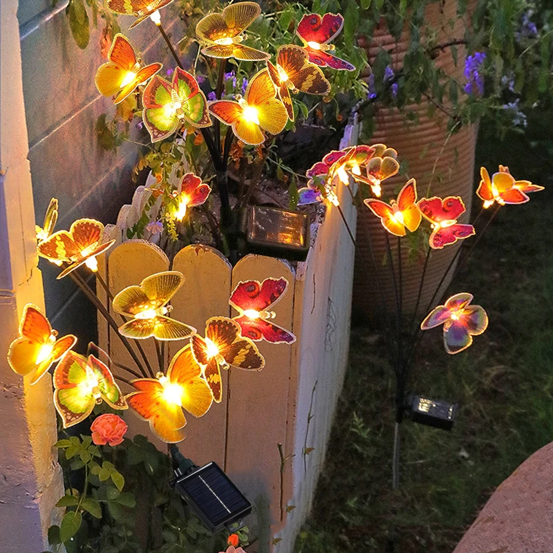 Solar Garden Butterfly Flower Lights LED Waterproof Outdoor Swaying Lawn Decorative Lighting for Yard Courtyard Party