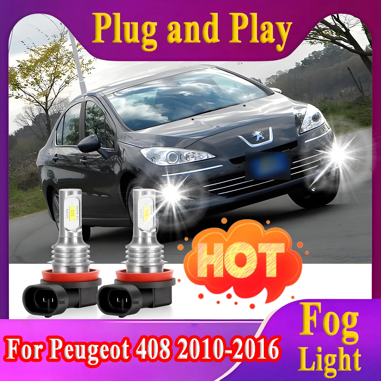 

2PCS H11 LED Fog Light 6000K White CSP Chips Super Bright For Peugeot 408 2010-2012 2013 2014 2015 2016 Plug and Play Car Light