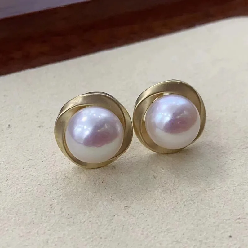 

8-9mm Pearl 925 Silver Needle Semi Cut Frosted Retro Earrings, Fashionable and Light, Retro Style