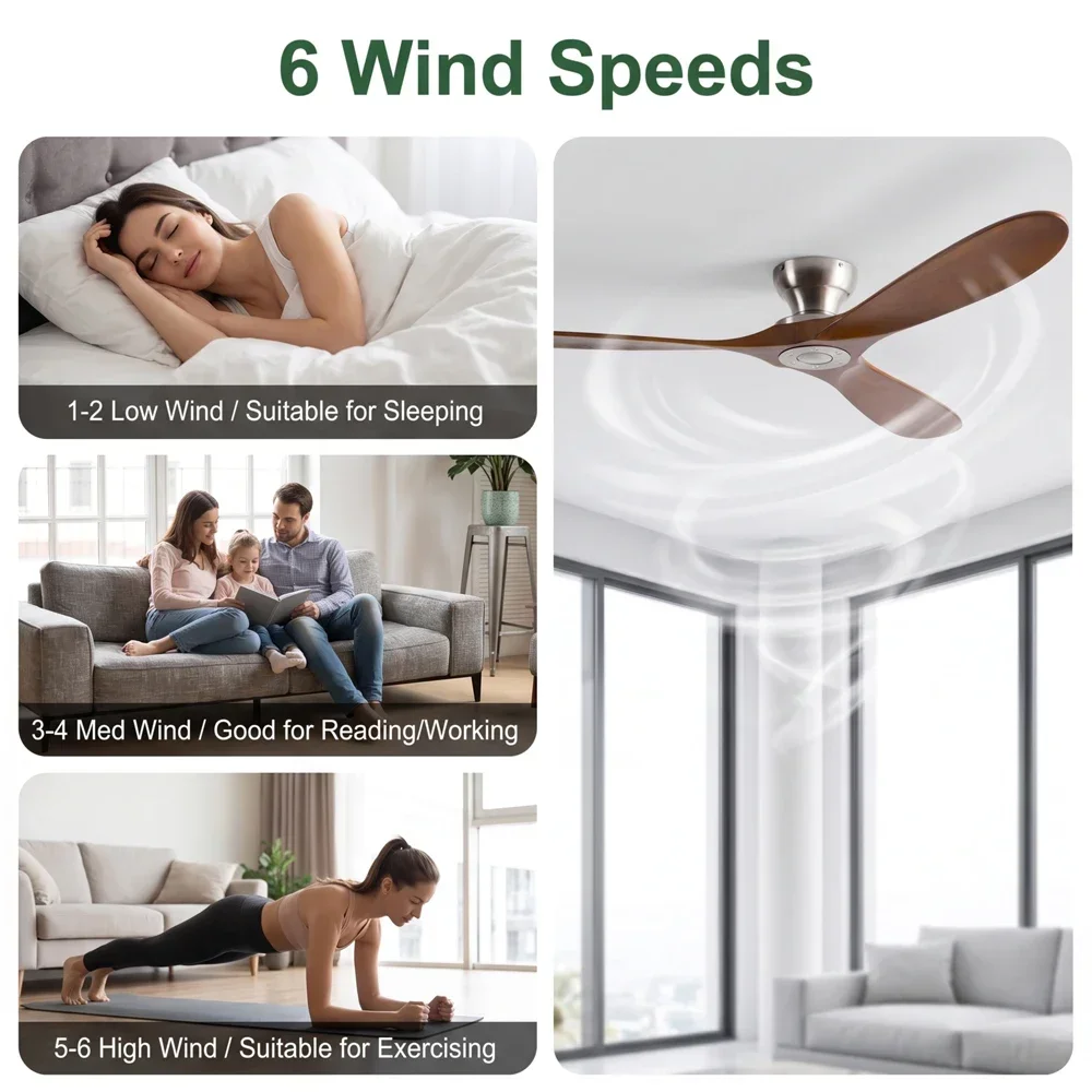 42/52/60 Inch Low Floor Ceiling Fan 3 Wooden Blade DC Motor Electric Fan with Remote Control for Living Room Dining Room Bedroom