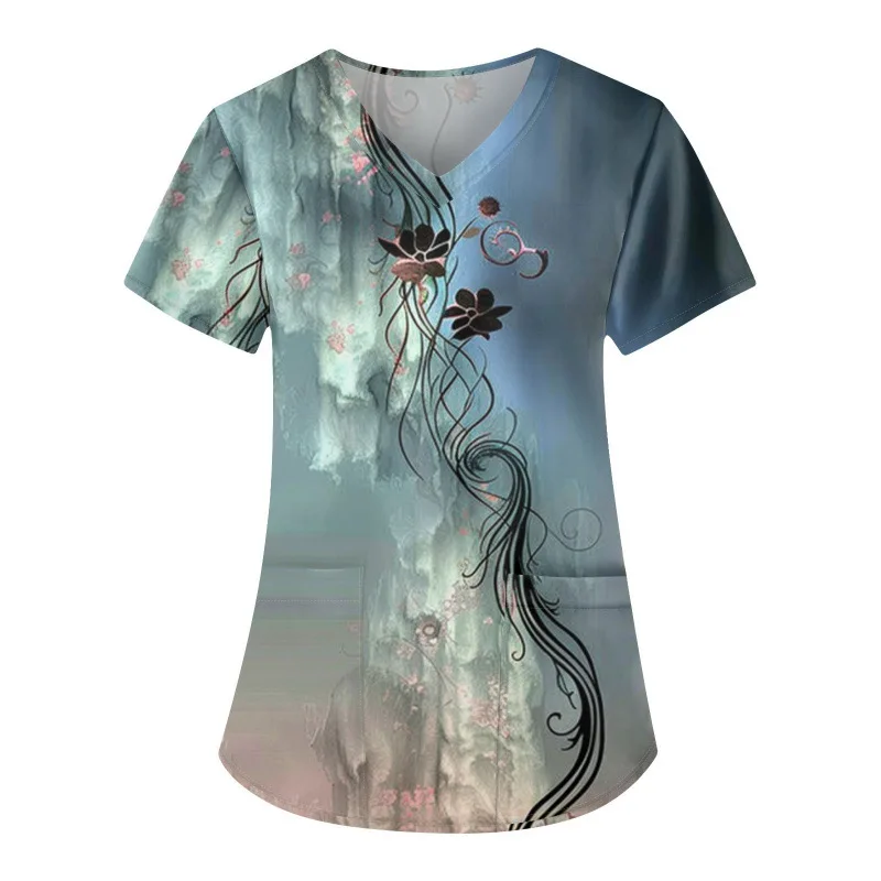 Female V-neck slimming and belly covering casual summer wear 2024 3D printing rendering T-shirt loose top protective suit