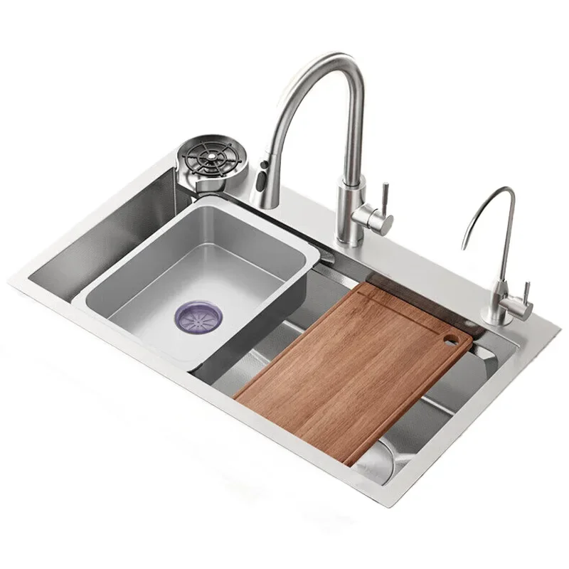 

Kitchen sink Large single slot Small rice grain embossing 4mm Thickened 304 sets Upper, middle and lower stainless