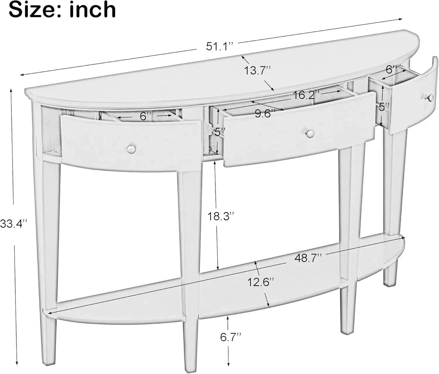 [صفقة ساخنة، أفضل بائع! ] طاولة كونسول منحنية حديثة مقاس 51 بوصة، طاولة أريكة مدخل نصف قمر مع أدراج ورف تخزين مفتوح