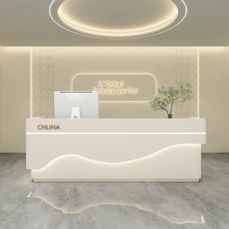 Bureau Reception Reseption Desk Plexiglass Furniture Gold Floaoting Shelf Beauty Salon Storage Corner Office Escritorio Counter