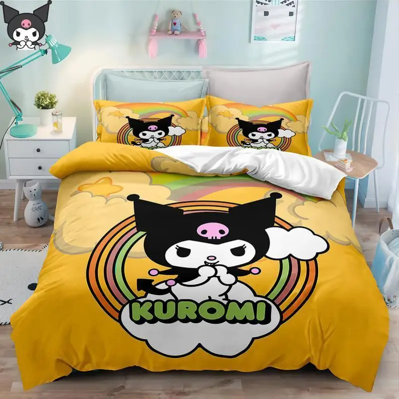 Children new Bed Sheets  Pillowcases Gift Sanrio Cartoon Anime Cute Girl Cinnamoroll Kuromi Customizable Bed Sheets  3Pcs Sheet
