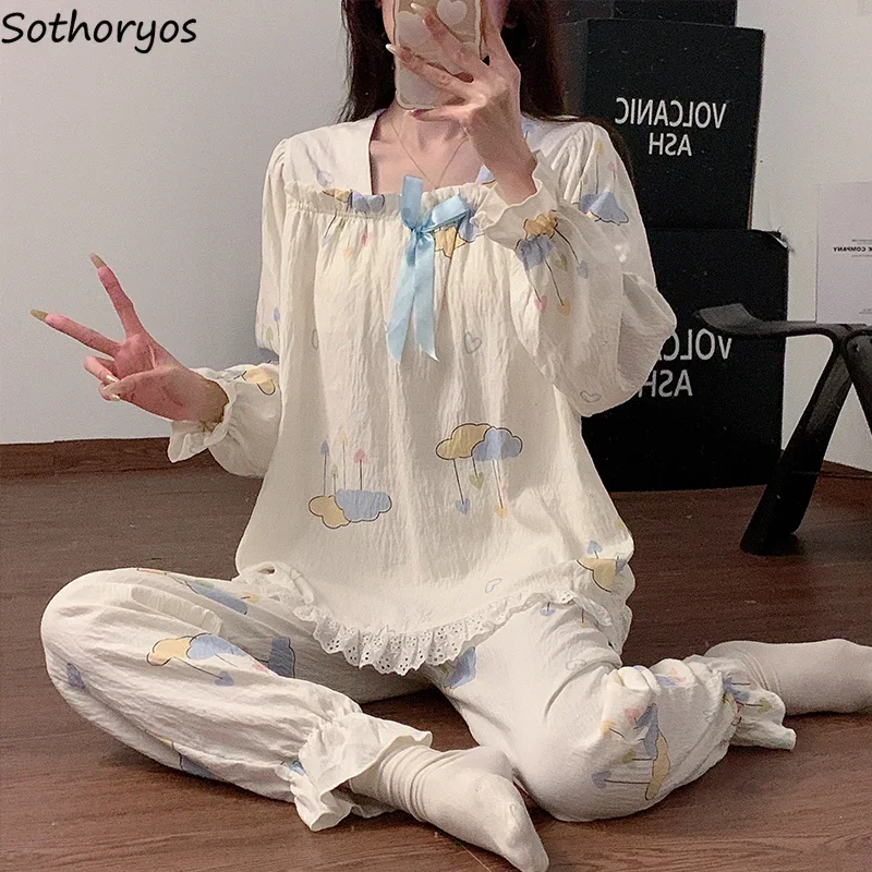 

Cartoon Print Pajama Sets Women Sweet Tender Bow Design Girlish Princess Sleepwear Casual Baggy Loungewear Flare Sleeve Fashion
