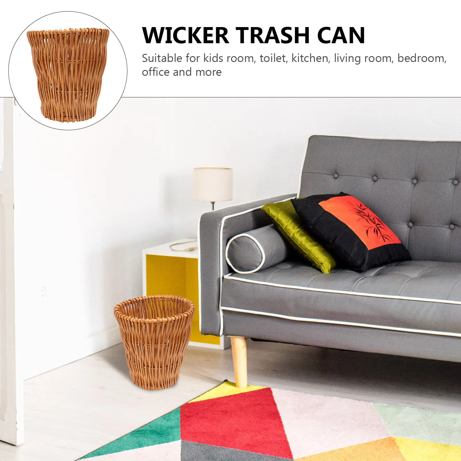 

1pc Rattan Trash Can Natural Wicker Woven Garbage Basket Multi-Purpose Storage Bin For Bathroom Bedroom Kitchen Office