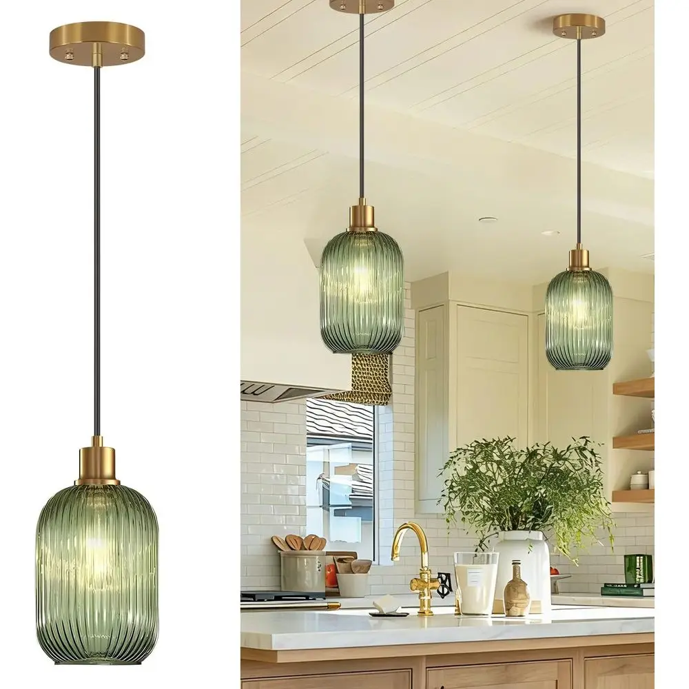

Vintage Green Ribbed Glass Pendant Lights, Adjustable Brushed Gold Fixtures for Kitchen Island, Dining & Living Room, Hallway Li