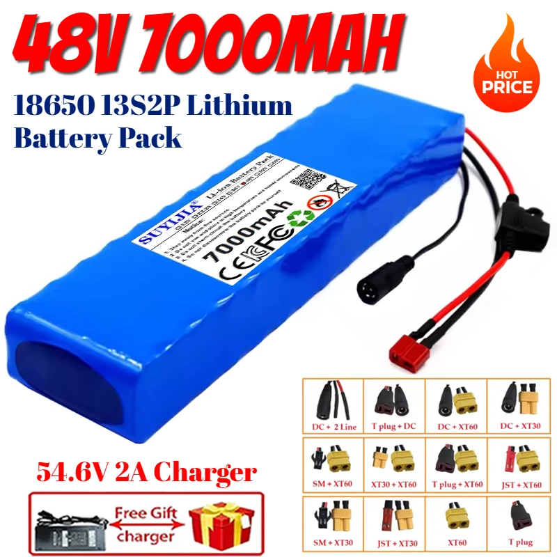 

13S2P 7Ah 48V 7000mAh 18650 Lithium-ion Battery Pack with 250W 350W 500W 750W 1000W BMS and A Complimentary+ 54.6V 2A Charger