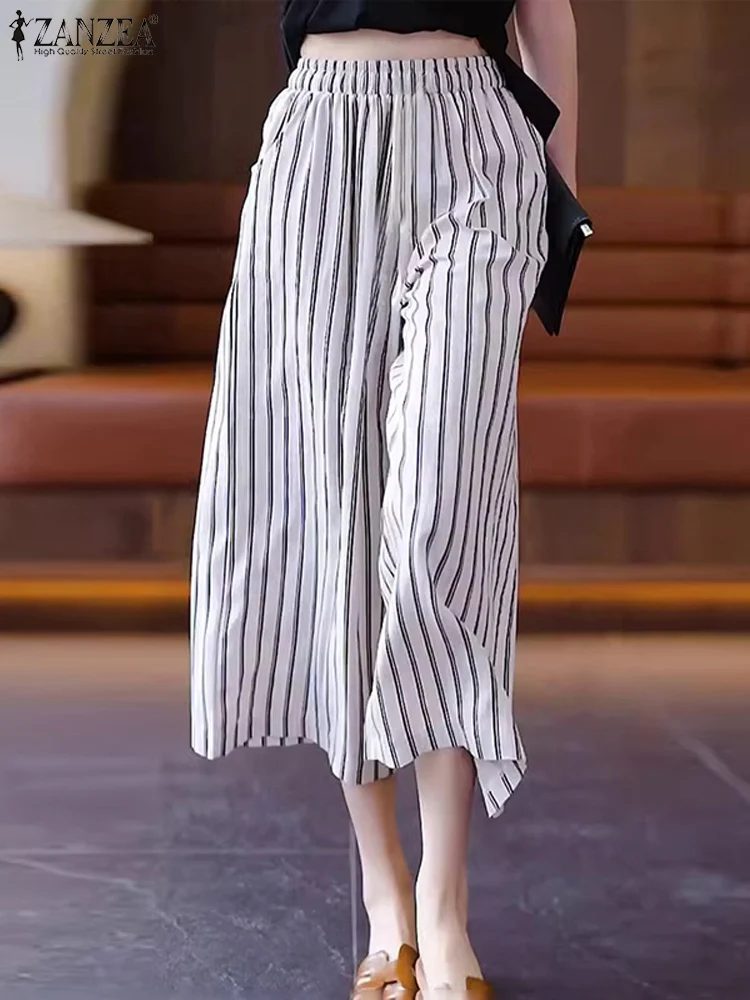 

ZANZEA Summer Striped Straight Pants Women Korean Office Pantalon Causal Loose Wide Leg Trousers Vintage Elastic Waist Pants