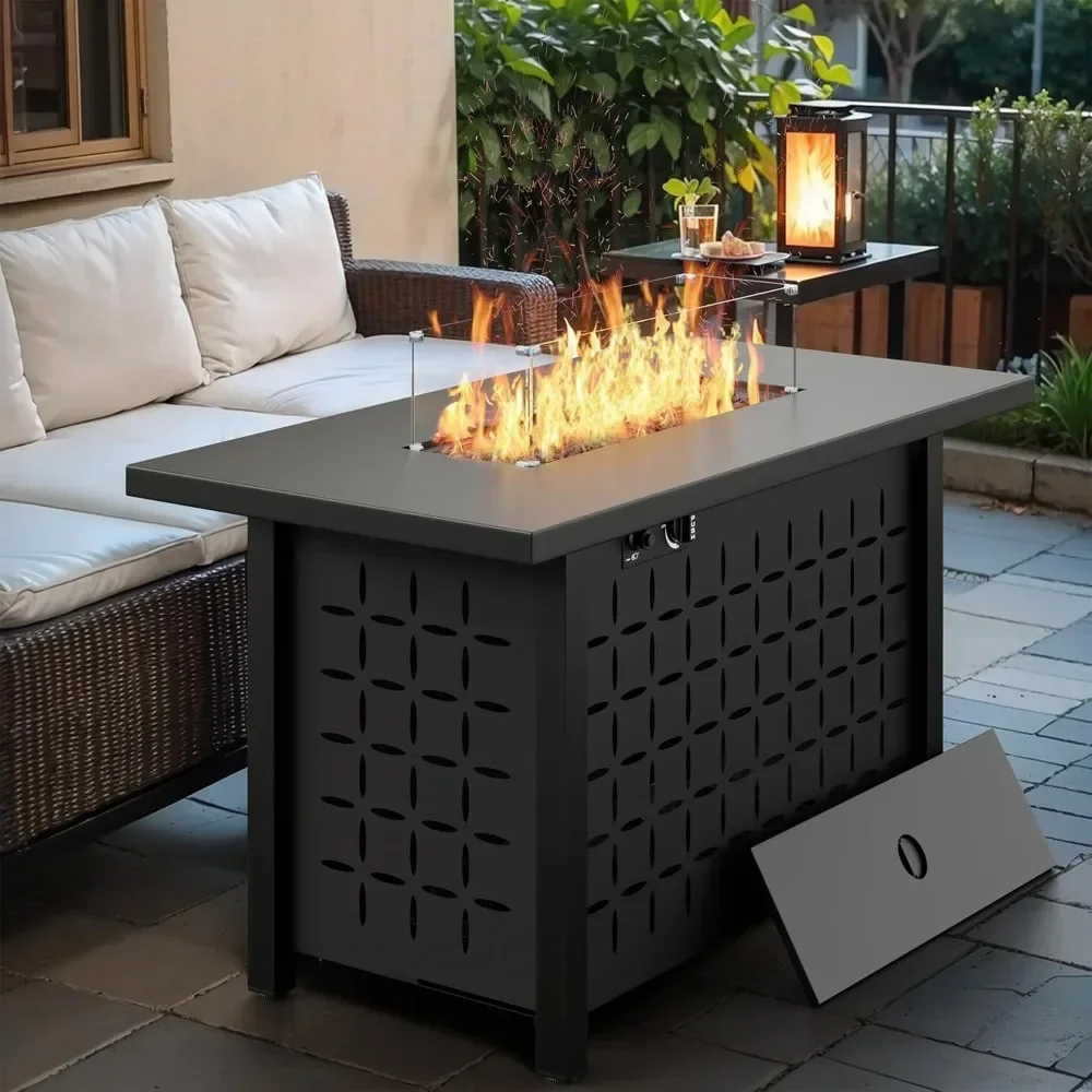 43 inch Gas Fire Pit Table, Outdoor Rectangular Propane Firepit Table with Lid, Glass Wind Guard Lava Rock, 2 in 1 Firepit Table