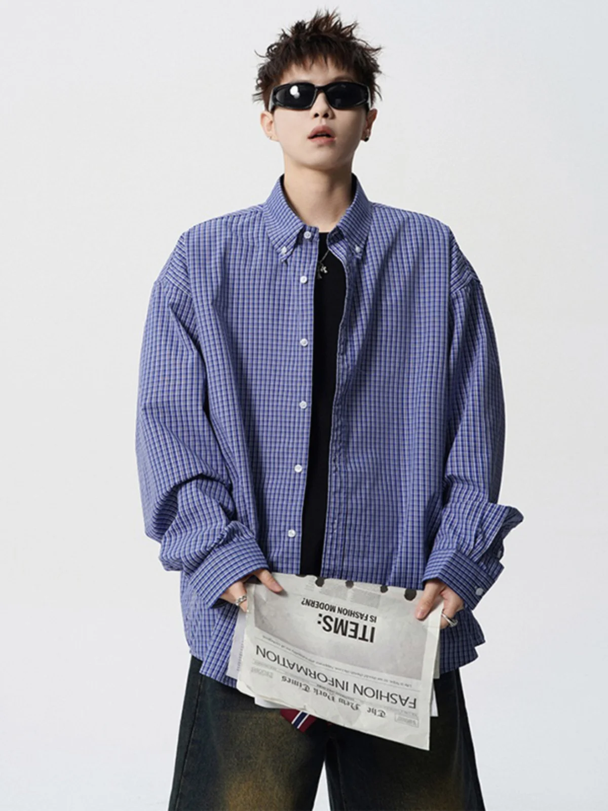 

Blue Plaid Long Sve Casual irt Men's Spring American Lazy Sle Collared Cleanfit Cheered Top Faionable Loose Fit