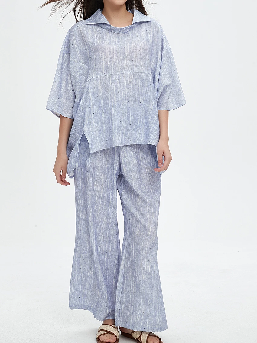 

Parc Fee Fashion Loose Blue Linen Women's Two Pieces Set 2025 Elegant Three-Quarters Sleeve Shirt With High Waist Wide Pants Set