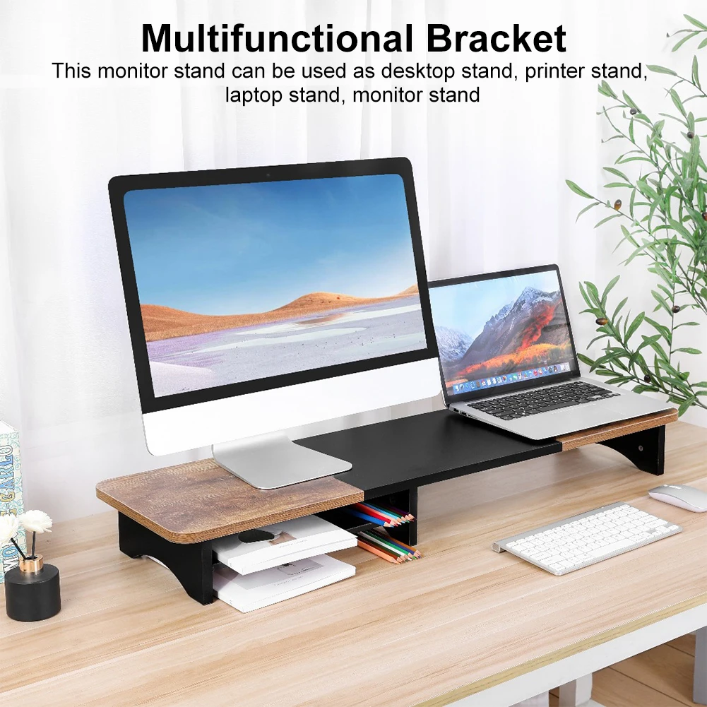 Double Monitor Stand Multi-Purpose Desk Organizer Shelf Computer Monitor Stand Support for DesktopComputer Laptop Printer TV