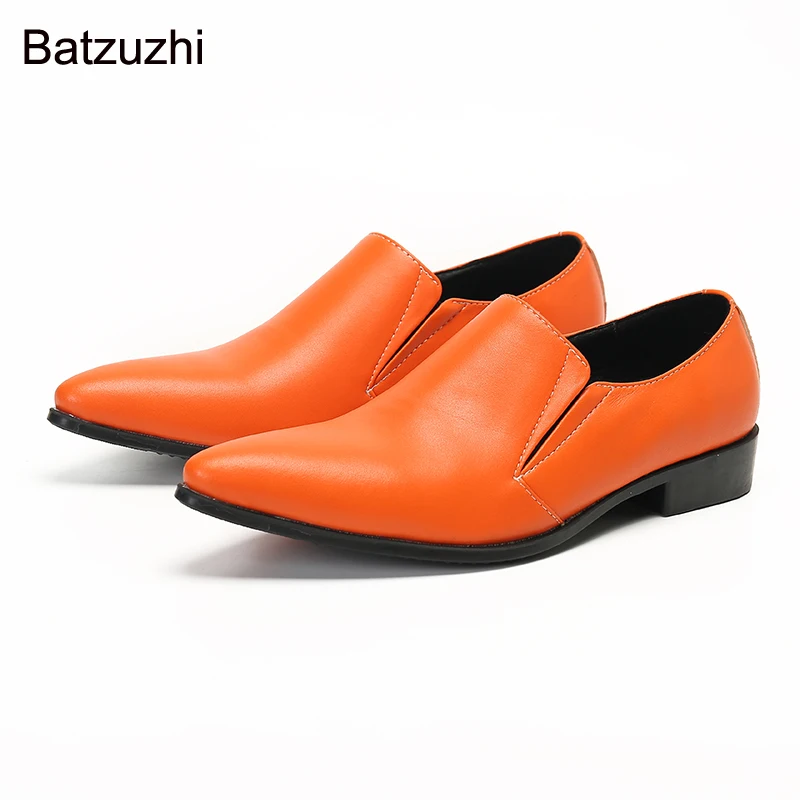 

Batzuzhi Fashion Men's Shoes Orange Leather Dress Shoes Men Pointed Toe Slip on Men's Party, Wedding Shoes for Male, Sizes 38-46