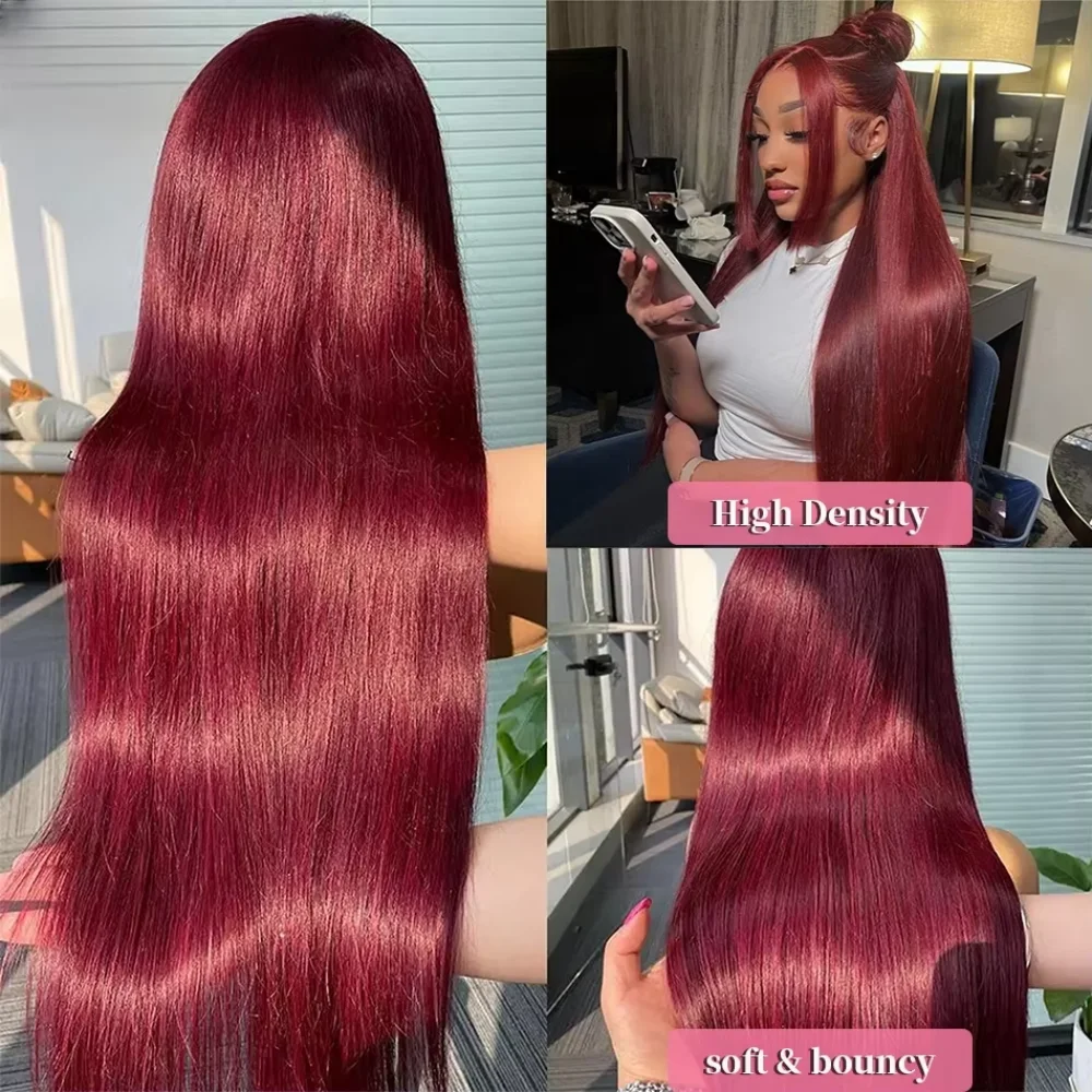 Borgogna Dritto 13x4 HD Veletta Frontale Parrucca Dei Capelli Umani 99J Rosso 13x6 Parrucche Anteriori Del Merletto Trasparente Colorato 220% Parrucca Dei Capelli Umani 100%