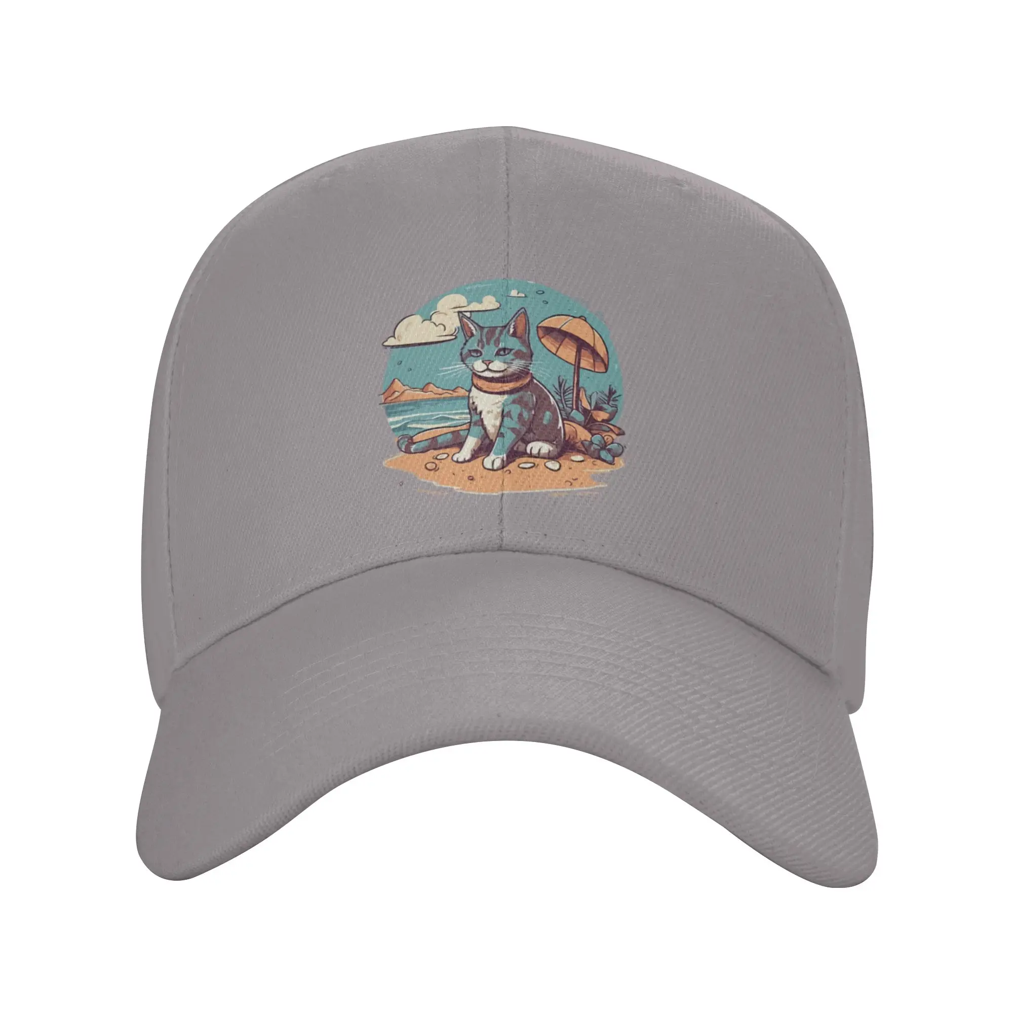 Cute Cat Chilling on the Beach Trendy Baseball Cap Sun Protection Plain Cap Snapback Cap