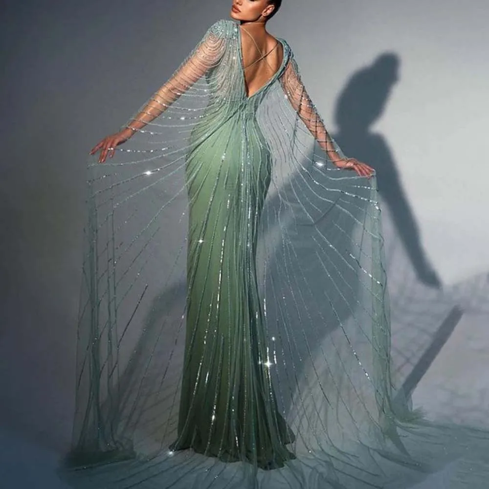 Exquisite Green Evening Party Dresses V-neck Floor Length Mermaid Cloak Sequined Backless High Split Women Banquet Prom Gowns