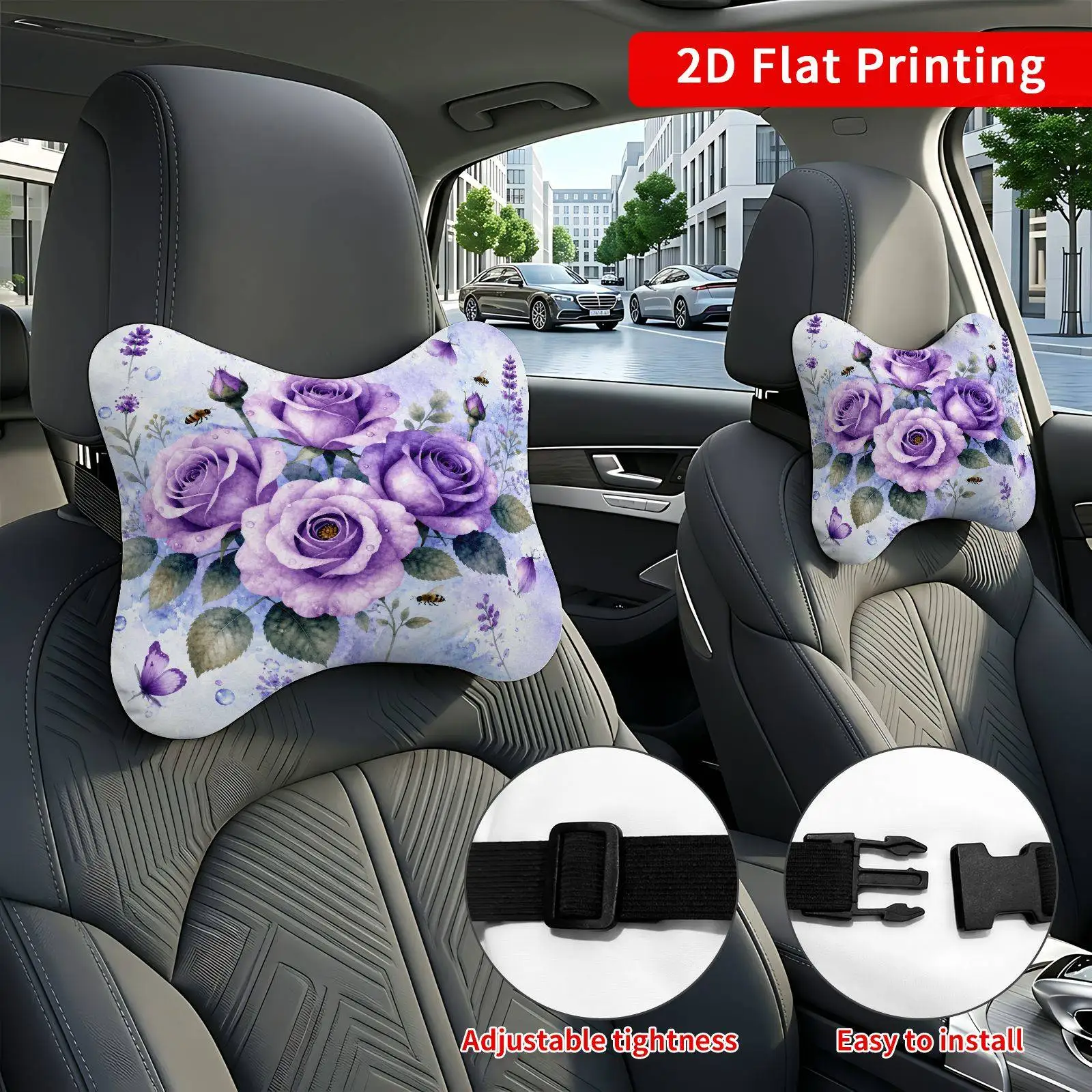 2pcs Purple Watercolor Roses Car Seat Headrest, Neck Support Cushion, Suitable For All Seasons Of Car Additions, Rose Theme, Tra