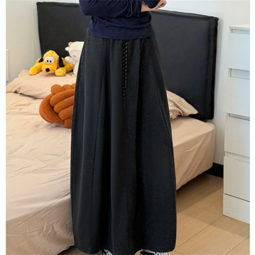 تنورة طويلة برباط عالية الخصر لربيع 2025 للسيدات للخريف والشتاء تنانير متوسطة الطول دافئة للسيدات تنورة ماكسي كورية بلون واحد #6