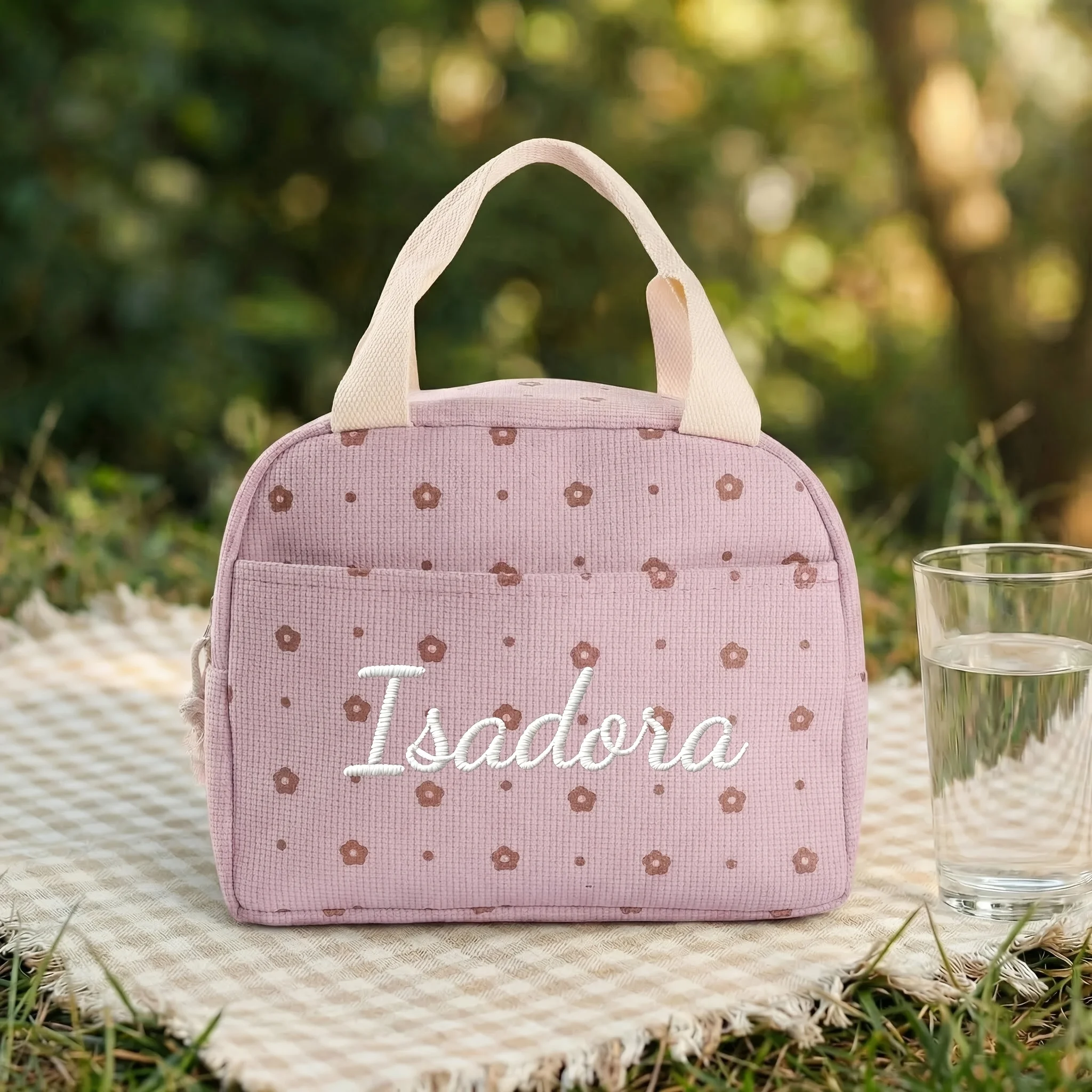 Mit gesticktem Namen und Blumenmuster bedruckte Lebensmittelhandtaschen, tragbare Thermo-Lunch-Tasche, wasserdichte, isolierte Tasche für Büro und Camping – Detail 3