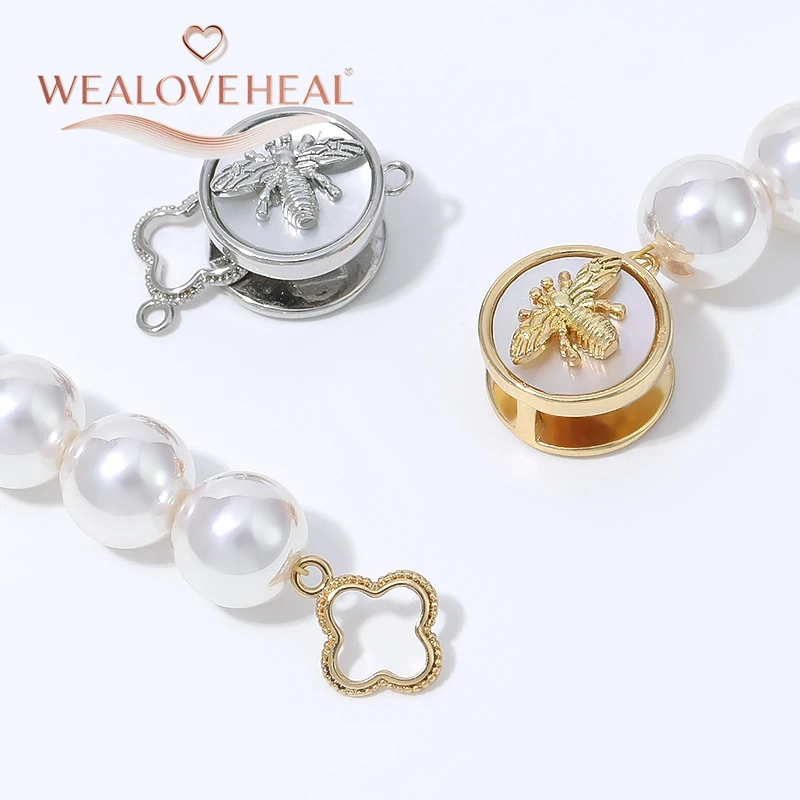 armband verschluss, 1/2 Stück 18K vergoldeter Messing-Bienenverschluss, mit Honigbienen-Motiv auf Muschel, Druckknopfverschluss mit Kleeblatt-Endstück für DIY-Perlenschmuckzubehör – Detail 15
