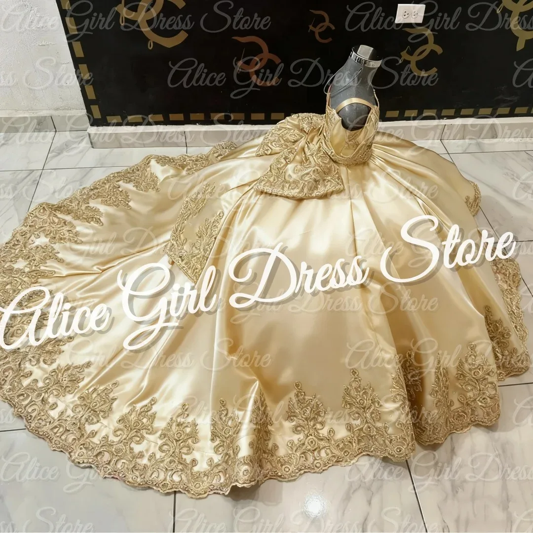 

Customized Champagne Flower Girl Dress for Wedding Bow Gold Lace Appliques Princess First Communion Ball Birthday Party Gowns