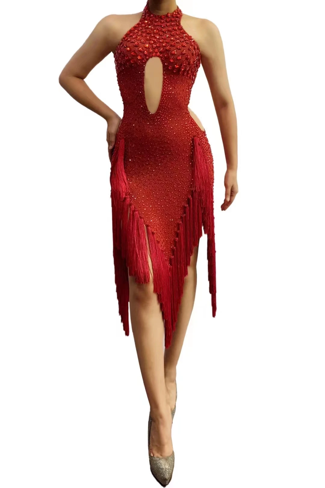 Robe Latine à Franges avec Strass Rouges pour Femme, Costume de Pôle brev, Tenue de Performance sur Scène, Concours, DJ, Discothèque, A244