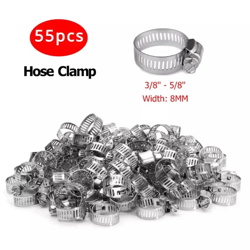 55pcs Hose Clamps 10-16mm Adjustable Steel Hoops Band Worm Pipe Clip Universal Fit Fastener Tool