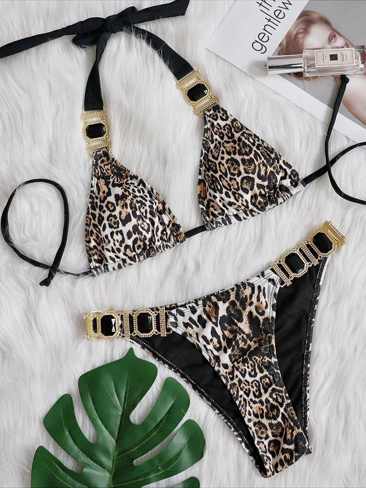 Ribbed Leopard Bikinis Diamond Bikini 2024 Women Swimwear Female Swimsuit Two-pieces Bikini Set Halter Bathing Suit Swim Lady