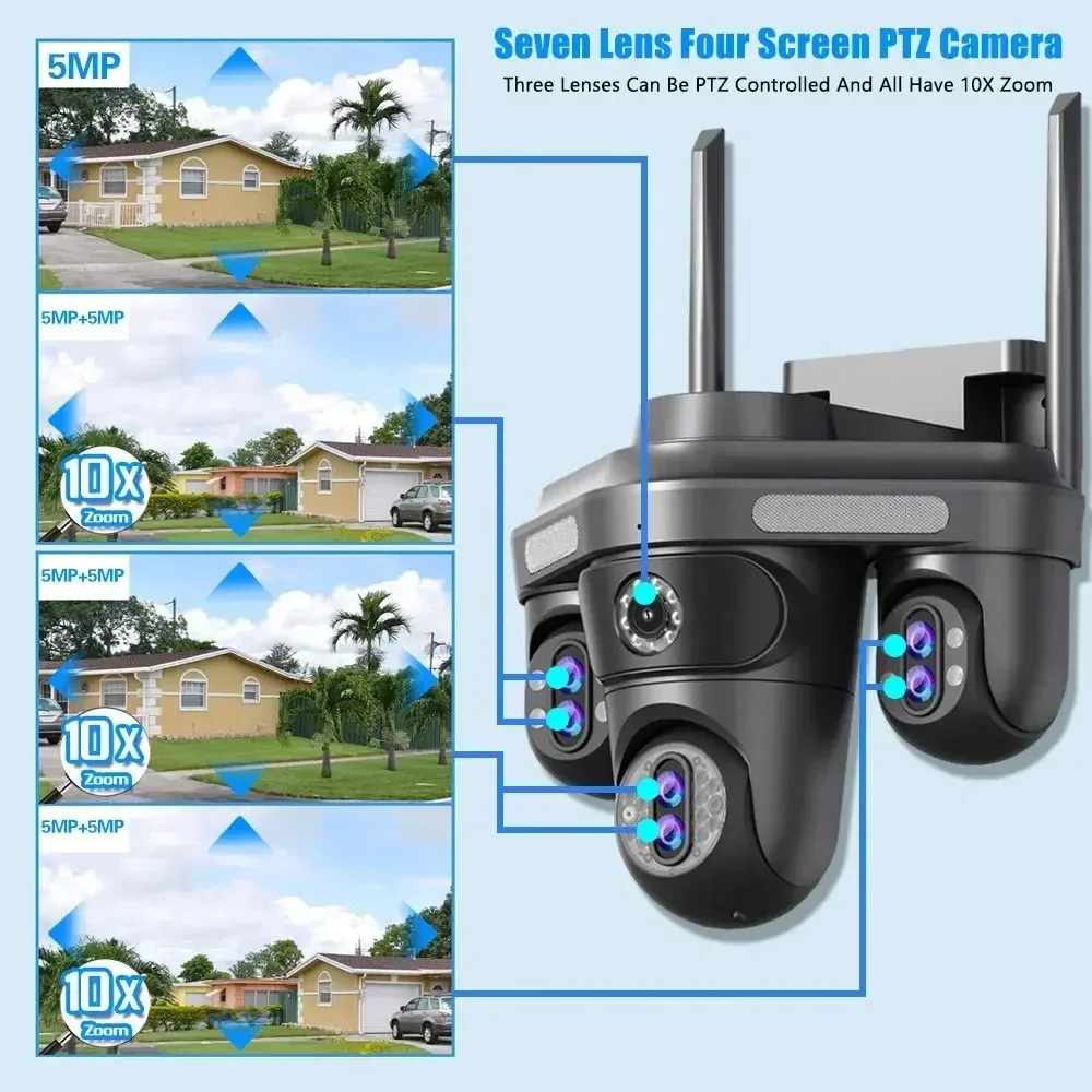 DIFANG 35MP Four Screens WiFi Security Camera Outdoor Seven Lens Three PTZ 10X Optical Zoom Cameras Auto Tracking CCTV Camera