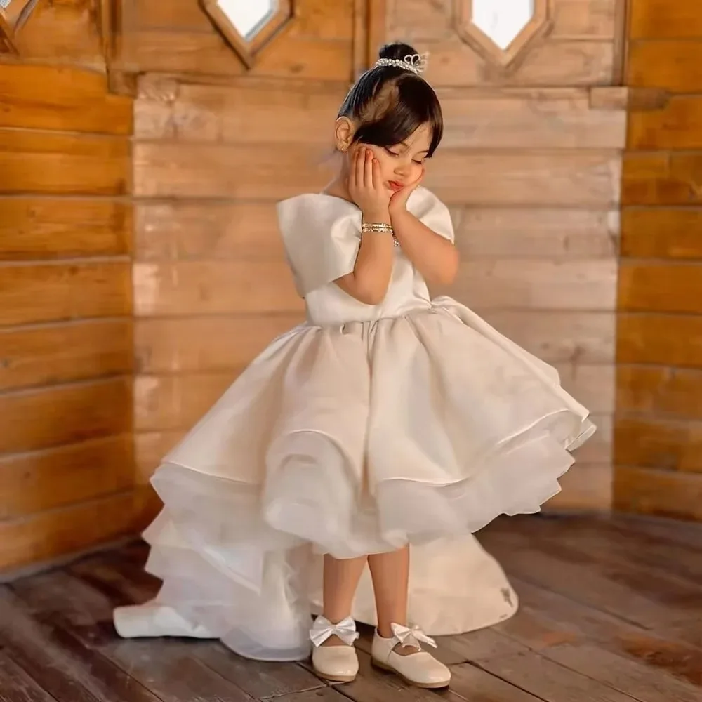 Vestidos personalizados de cetim para meninas, vestidos para casamento, ombro de fora, comprimento alto e baixo, primeira comunhão, bebês, crianças, vestidos de festa de aniversário