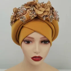 Women's Turban Cap with Stones Beaded Nigeria Gele Ready African Headtie Female Head Wraps Party Headpiece Muslim Headscarf Hat