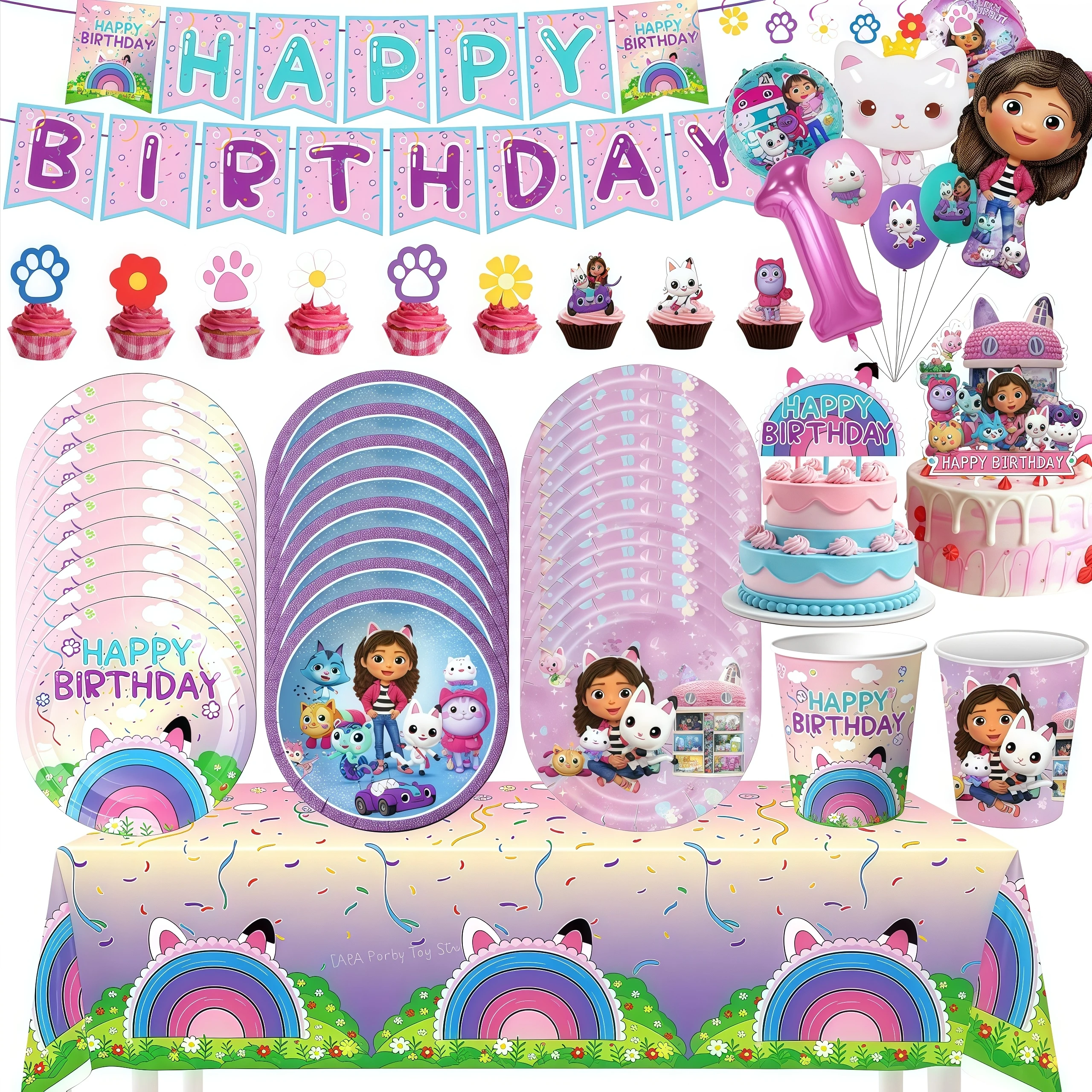 Gabby Dollhouse – décoration de fête d'anniversaire, vaisselle, ballons en forme de chat, serviettes, tasses, serviettes pour enfants, fournitures de fête prénatale