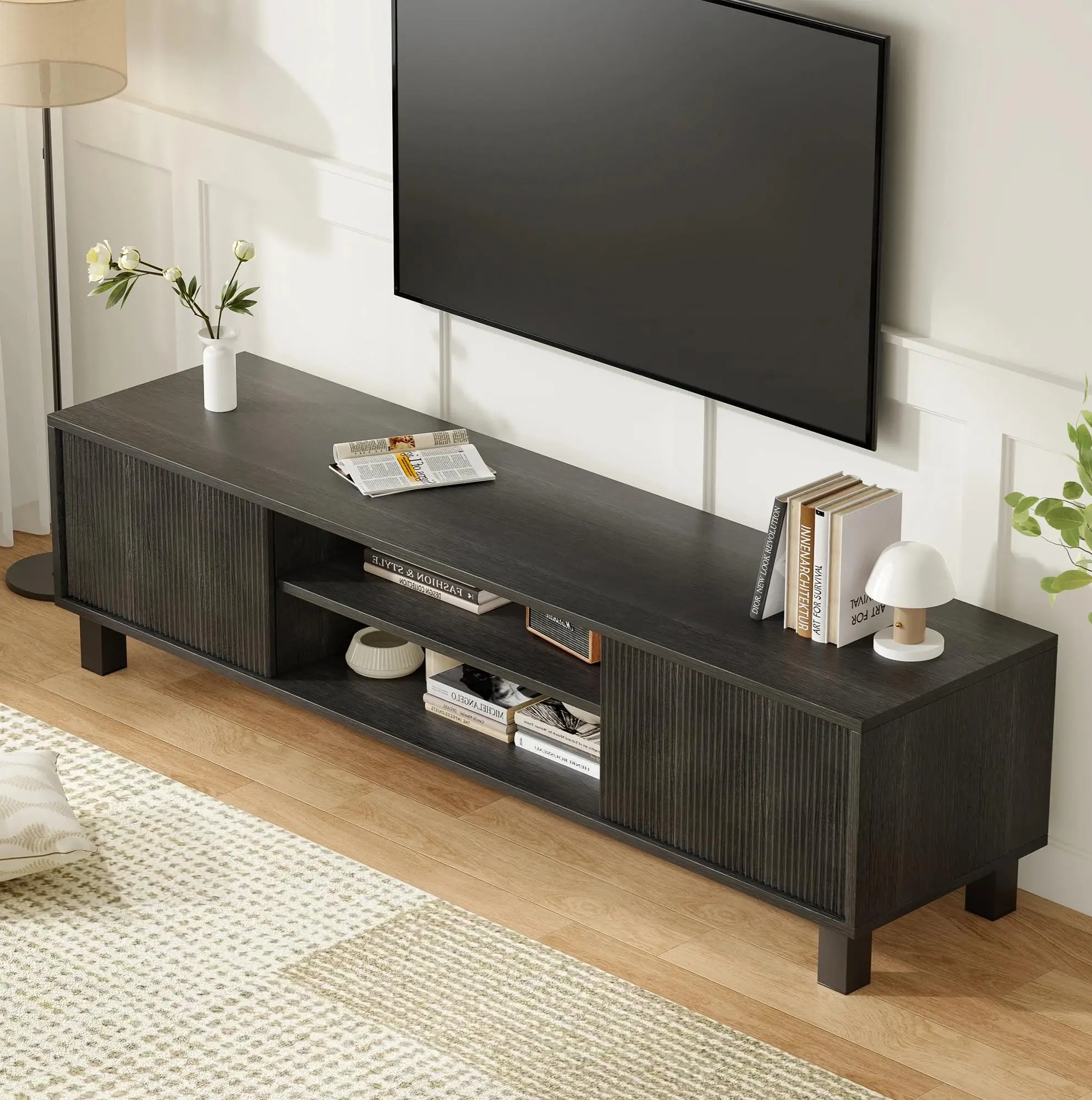 Modern Wood TV Stand for TVs Up to 70", Large Entertainment Center with Storage & Open Shelves, Media Console for Living Room