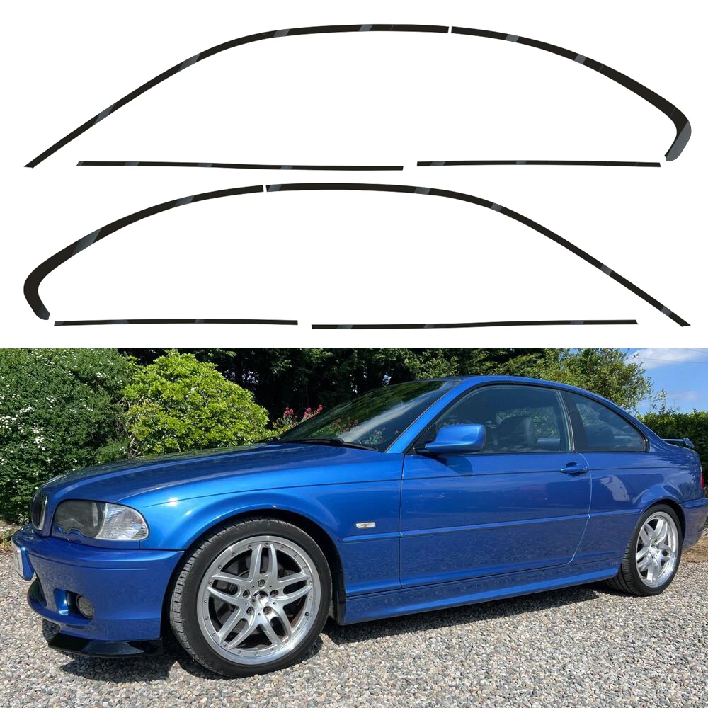 bmw-3シリーズ-e46（1999年～2004年式）クーペ用、光沢-マットブラックのクロームメッキ加工を施した、窓枠外装用デリートステッカー。
