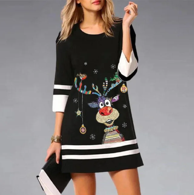 Christmas Dress 2024 Fashion Christmas Deer Print Party Dress For Women Casual Three Quarter Sleeves Dresses Elegant Vestidos