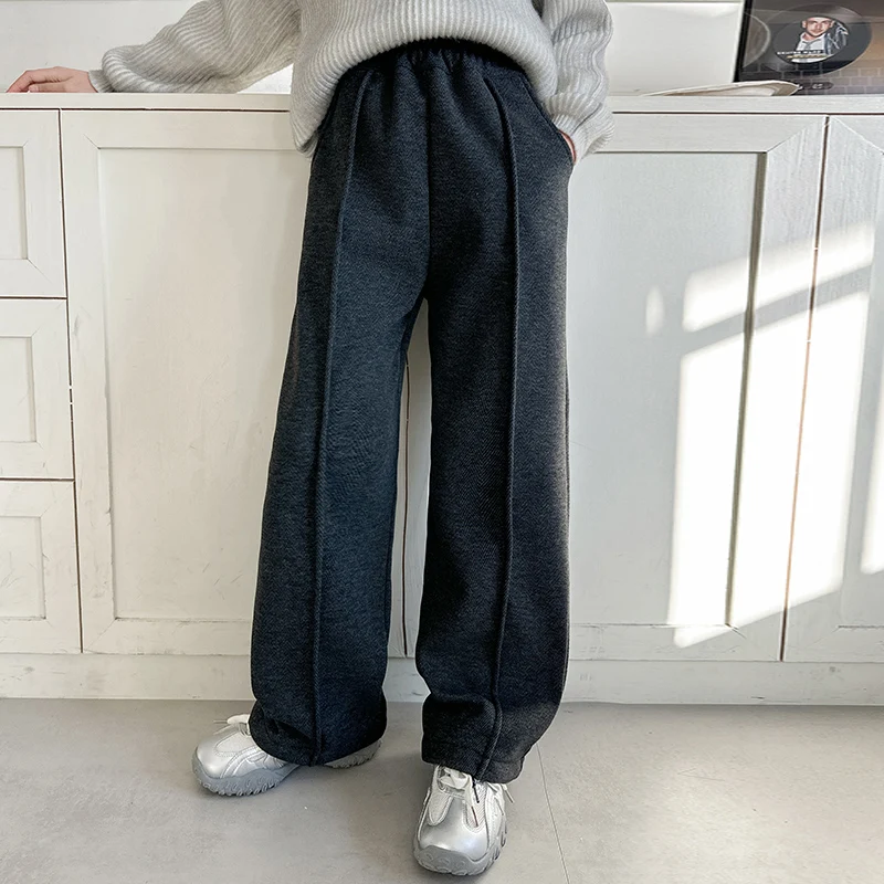 School Girl Winter Warm Straight Cut Pants With Fleece Lined Trousers For Teenage Child Brief Thick Insulated Sweatpants For Kid