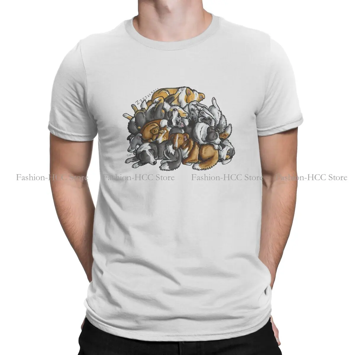 Sleeping Pile of Border Round Collar TShirt Collie Dog Original Polyester T Shirt Men Tops