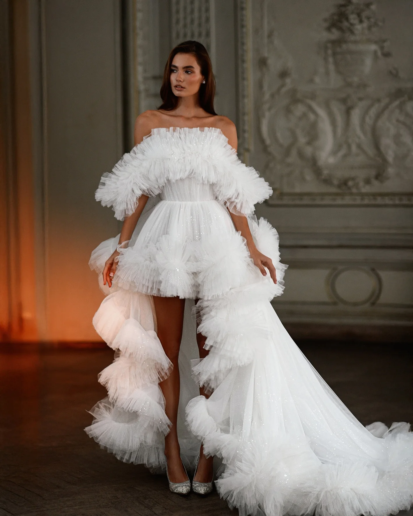 Vestido de noiva de tule em camadas brilhantes, sessão de fotos, vestido de aniversário alto e baixo, glitter, tule, vestidos de festa de baile, vestido de noiva