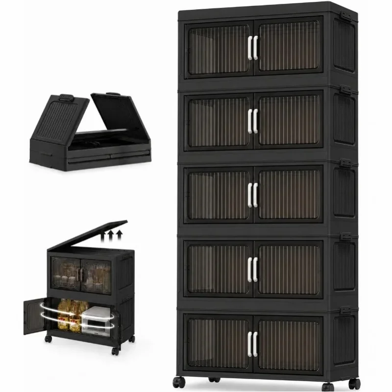 5‑Tier Stackable Plastic Storage Cabinet with Wheel, Foldable Dust‑Proof Rolling Storage Organizer with Transparent Doors, Multi‑Layer Modular Storage Box for Kitchen, Bedroom, Living Room
