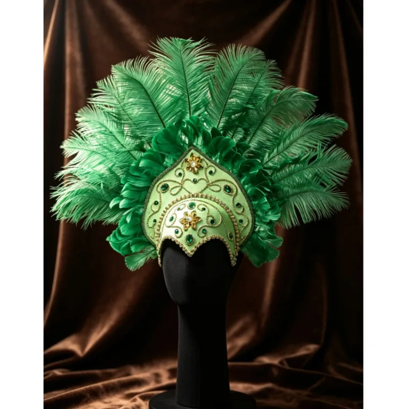 Samba Carnival Feather Headdress Ostrich Feather Crown Gemstone Showgirl Headpiece for Women Stage Party Costume Halloween Party