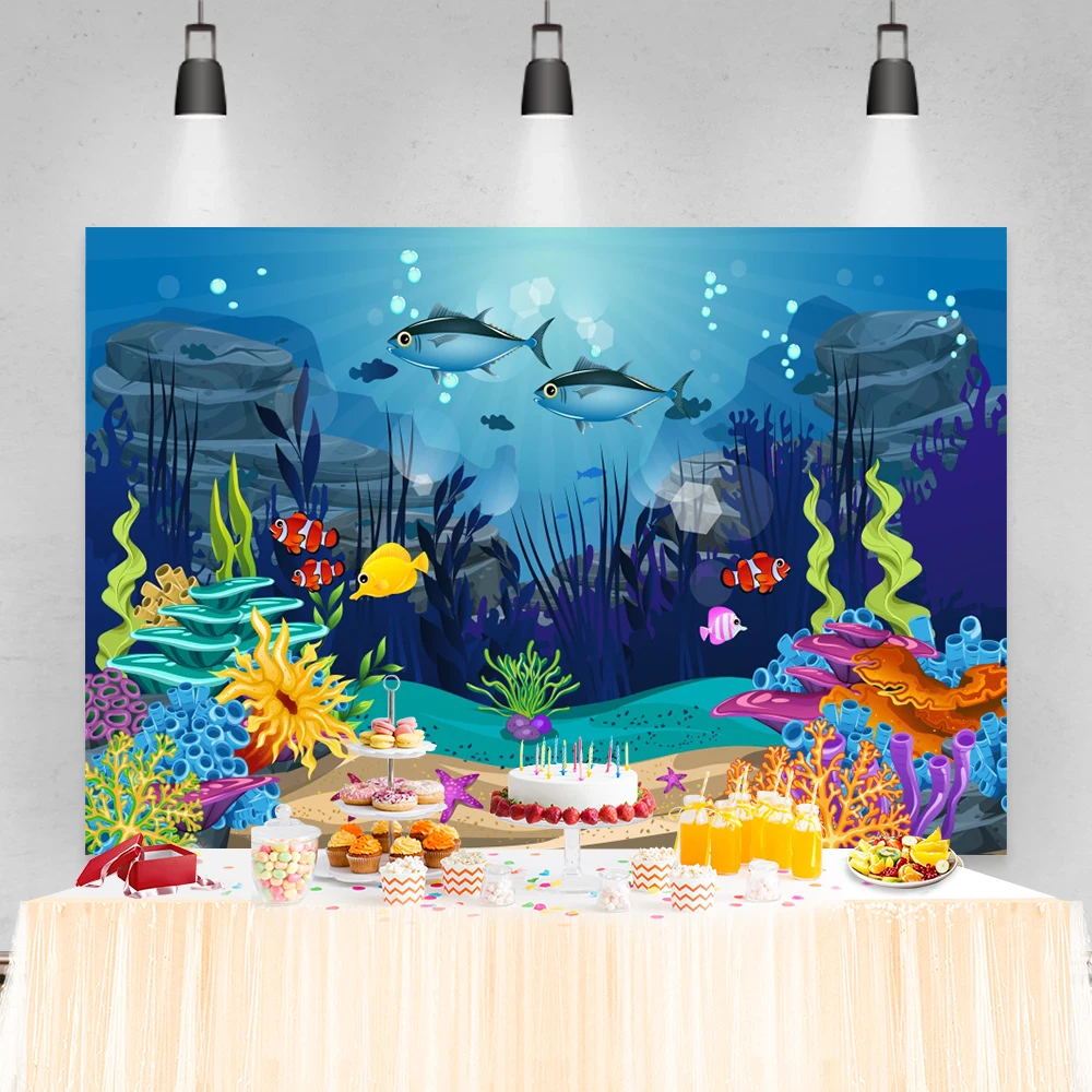 Laeacco Seabed Backgrounds Cartoon Fish Birthday Party Coral Shell Summer Pattern Baby Kid Photography Backdrops Photo Studio